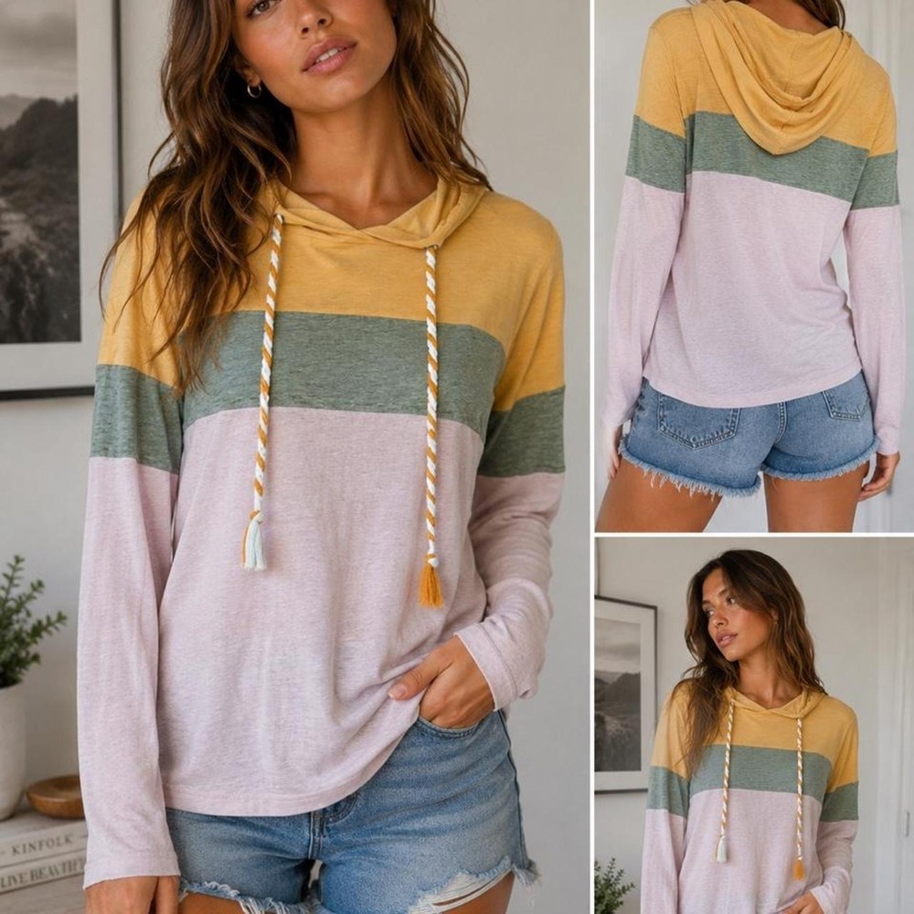 Womens Pastel Colorblock Hoodie Lightweight Long Sleeve Boho Multi Top